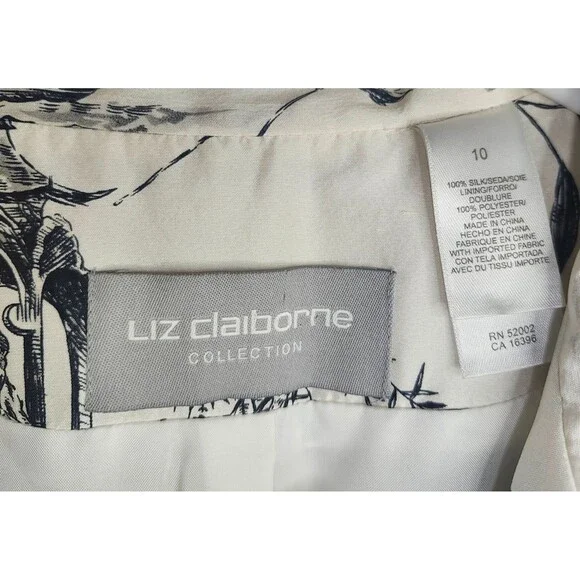 Vintage Liz Claiborne 100% Silk Chinoiserie Blazer Stand Collar Floral White -10 - Picture 4 of 7